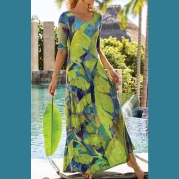 Soft Surroundings Saunterre Maxi Dress Stretch Tropical Stretch Sz Medium Women - Picture 1 of 13